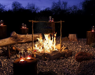 Outdoor Nighttime Campfire Scene With Stone Circle Wooden Stumps And Lit Lanterns 3d model
