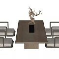 Modern Wooden Tea Table And Armchairs With Gray Cushions And Deer Antler Decoration