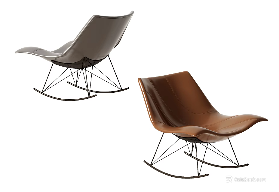 Modern Leather Leisure Rocking Chairs In Gray And Brown With Metal Frames 3d model 