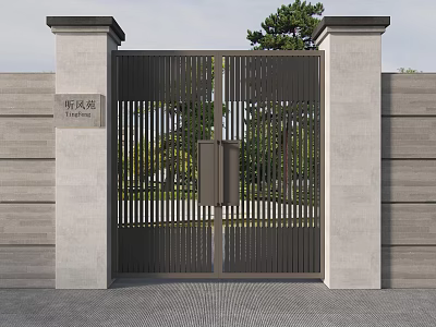 New Chinese Style Gate With Black Striped Design Gray Stone Pillars And Trees 3d model