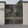 New Chinese Style Gate With Black Striped Design Gray Stone Pillars And Trees