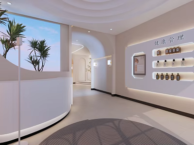 Modern Beauty Salon Interior With Reception Desk Green Plants And Product Display Shelves 3d model