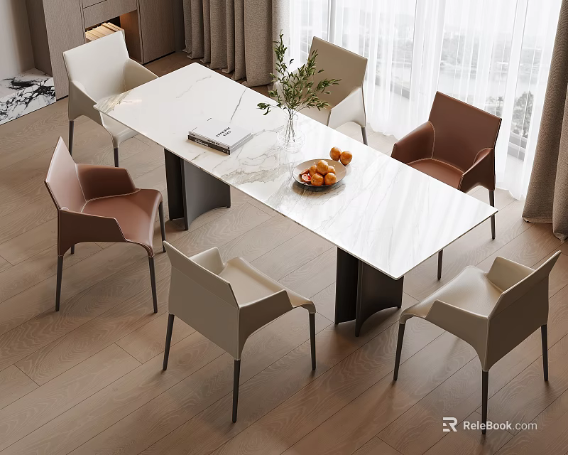 Modern Dining Table Set with White Top Six Colorful Chairs Greenery Vase and Fruit Plate 3d model 