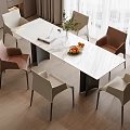 Modern Dining Table Set with White Top Six Colorful Chairs Greenery Vase and Fruit Plate