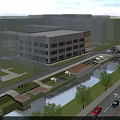 Modern Multi Story Industrial Factory Building With Waterfront Area And Parking Lot