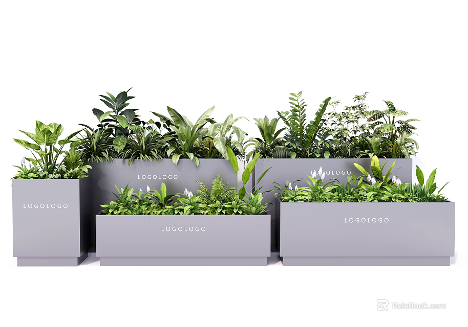 Gray Rectangular Planters with Various Green Plants Featuring Logo Design 3d model