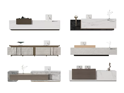 Modern Minimalist Reception Desks With White Brown Marble Surfaces And Decorative Plants 3d model