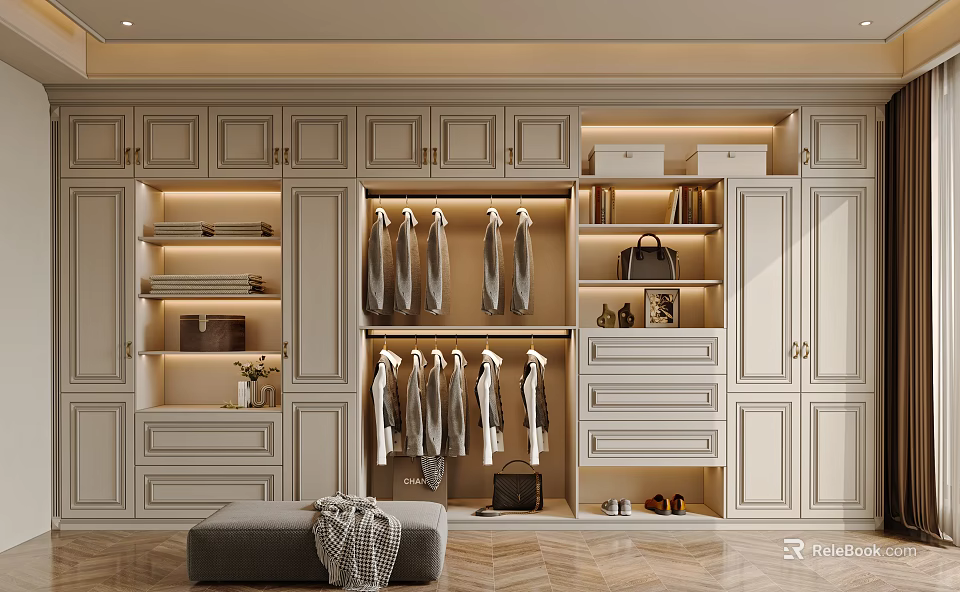 Elegant Modern Walk in Closet Interior With White Cabinets Hanging Clothes Drawers Shelves And Lighting 3d model 
