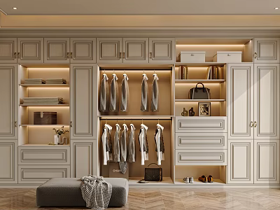Elegant Modern Walk in Closet Interior With White Cabinets Hanging Clothes Drawers Shelves And Lighting 3d model