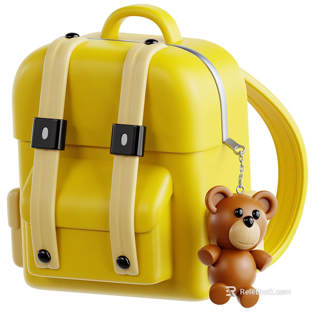 Yellow Backpack With Beige Straps Black Buckles And Small Brown Bear Pendant 3d model 
