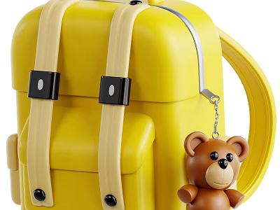 Yellow Backpack With Beige Straps Black Buckles And Small Brown Bear Pendant 3d model