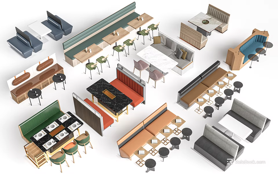 Diverse Modern Table and Chair Sets With Booth Seating Various Colors And Designs 3d model 