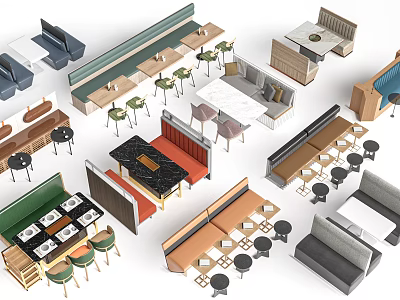 Diverse Modern Table and Chair Sets With Booth Seating Various Colors And Designs 3d model