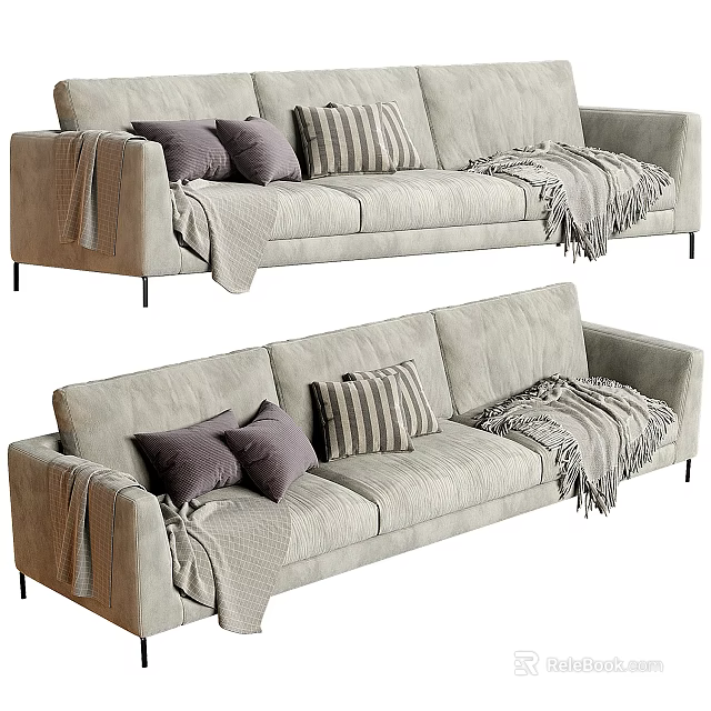 Cozy Light Gray Three-Seater Sofa With Striped Pillows And Knit Throw Blanket 3d model