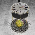 Illuminated Hourglass Art Installation With Golden Particles And Metal Frame On Black Background Gray Floor