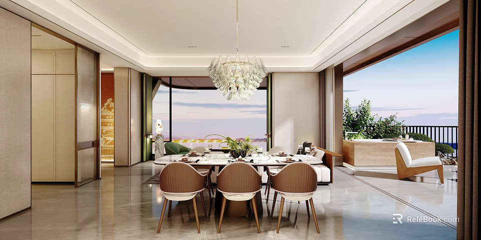 Modern Restaurant Interior With Chandelier Dining Table Chairs And Window View 3d model