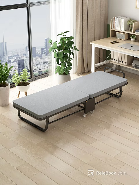 Gray Foldable Single Bed With Metal Frame And Wheels In Bright Room With City View 3d model 