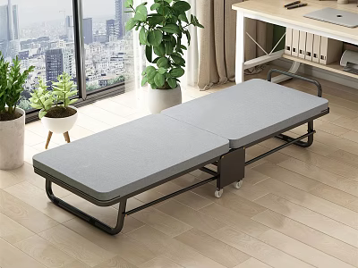 Gray Foldable Single Bed With Metal Frame And Wheels In Bright Room With City View 3d model