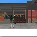 Modern Outdoor Restaurant With Red Brick Design Bar Counter Blue Red Lighting And Plant Decor