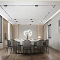 Elegant Modern Restaurant Interior With Round Dining Table Chairs Sofa And Mirror 3d model