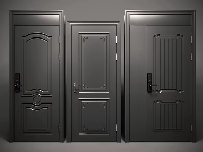 Stylish Black Hinged Doors With Various Panel Designs And Handles 3d model
