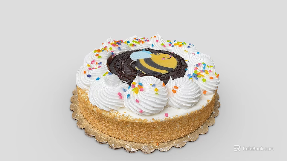 Cute Festive Cake With Whipped Cream Colorful Sprinkles And Little Bee Design On Golden Tray 3d model 