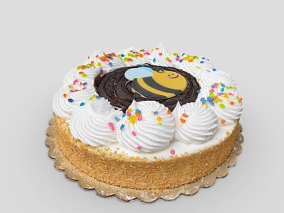 Cute Festive Cake With Whipped Cream Colorful Sprinkles And Little Bee Design On Golden Tray 3d model