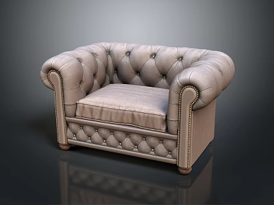 Elegant Classic Single Seater Sofa With Tufted Leather Rolled Arms And Wooden Legs 3d model