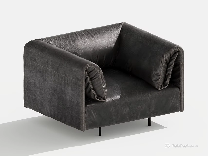 Black Leather Single Sofa Modern Design With Armrest And Slim Metal Legs 3d model 
