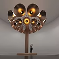 Tree Like Art Installation With Golden Horn Shaped Elements Yellow Lights And Circular Base 3d model