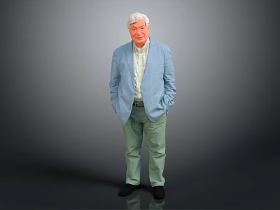 Man in Blue Blazer Light Shirt Green Pants Black Shoes Hands in Pockets Gray Background 3d model