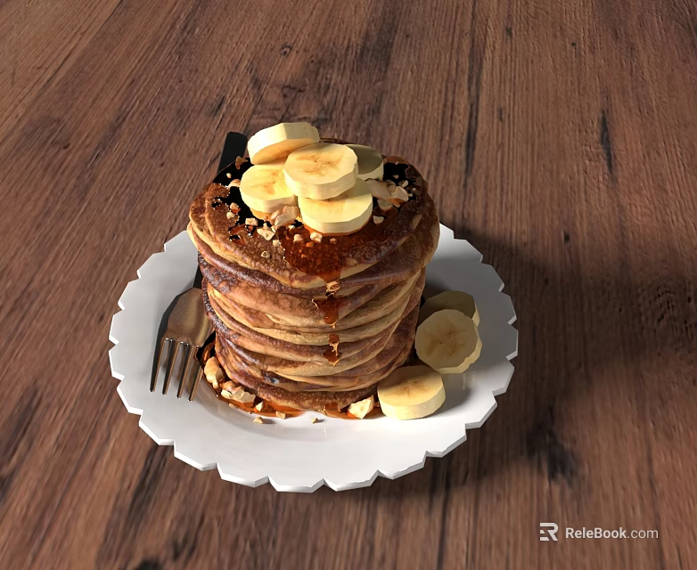 Fluffy Pancake Stack Topped with Banana Slices Nuts Maple Syrup on White Plate Wooden Table 3d model 