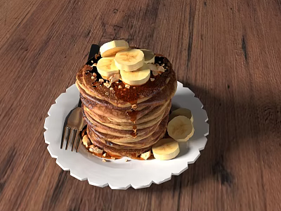 Fluffy Pancake Stack Topped with Banana Slices Nuts Maple Syrup on White Plate Wooden Table 3d model