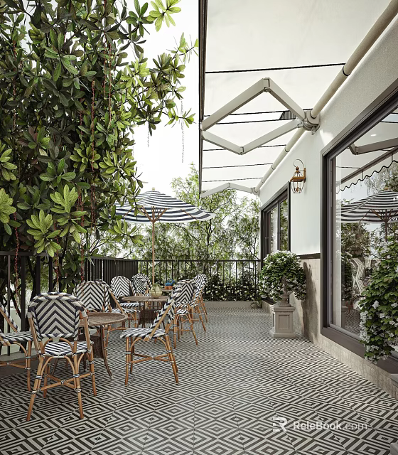 Cozy Restaurant Outdoor Terrace With Striped Umbrellas Wooden Tables And Lush Green Plants 3d model 