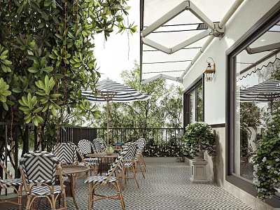 Cozy Restaurant Outdoor Terrace With Striped Umbrellas Wooden Tables And Lush Green Plants 3d model