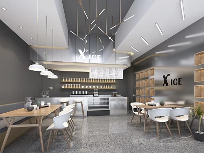 Modern Milk Tea Shop Interior Design With Tables Chairs Bar Counter And Lighting 3d model