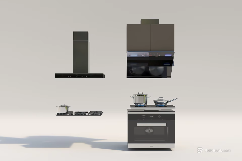 Different Modern Kitchen Appliances Featuring Range Hood Cooktop And Oven Units 3d model 