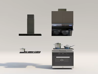 Different Modern Kitchen Appliances Featuring Range Hood Cooktop And Oven Units 3d model