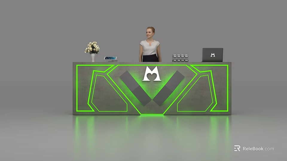 Modern Reception Desk With Green Glowing Lines Flower Vase Tablet And Laptop 3d model 