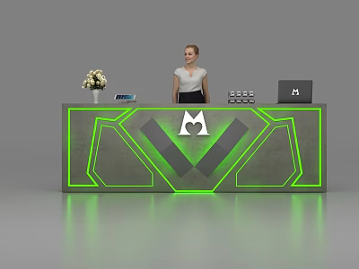 Modern Reception Desk With Green Glowing Lines Flower Vase Tablet And Laptop 3d model