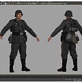 Man in Military Uniform with Helmet and Backpack Front and Back Views