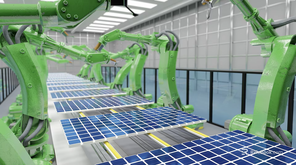 Green Robotic Arms Assembling Solar Panels On Factory Conveyor Belt 3d model 