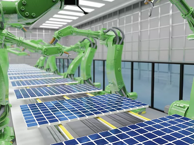 Green Robotic Arms Assembling Solar Panels On Factory Conveyor Belt 3d model