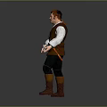 Red haired man in white shirt brown vest black pants brown boots holding long gun