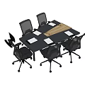 Modern Office Conference Table with Six Black Office Chairs and White Papers on Wooden Tray