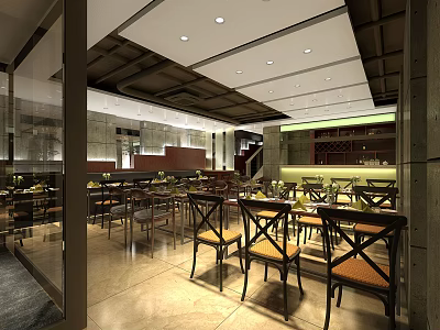 Modern Restaurant Interior With Wooden Tables Chairs And Ceiling Lighting Design 3d model