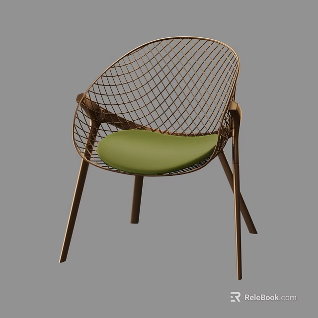 Modern Leisure Chair With Metal Mesh Backrest Green Padded Seat And Wooden Legs 3d model 