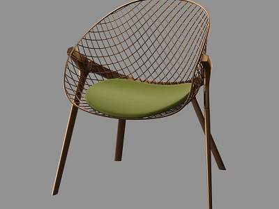 Modern Leisure Chair With Metal Mesh Backrest Green Padded Seat And Wooden Legs 3d model
