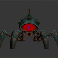 Teal Mechanical Creature With Spikes Red Glowing Core And Metal Legs Adorned With Circular Decorations