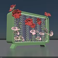 Elegant Floral Installation in Green Frame with Red Pink Flowers and Purple Backdrop